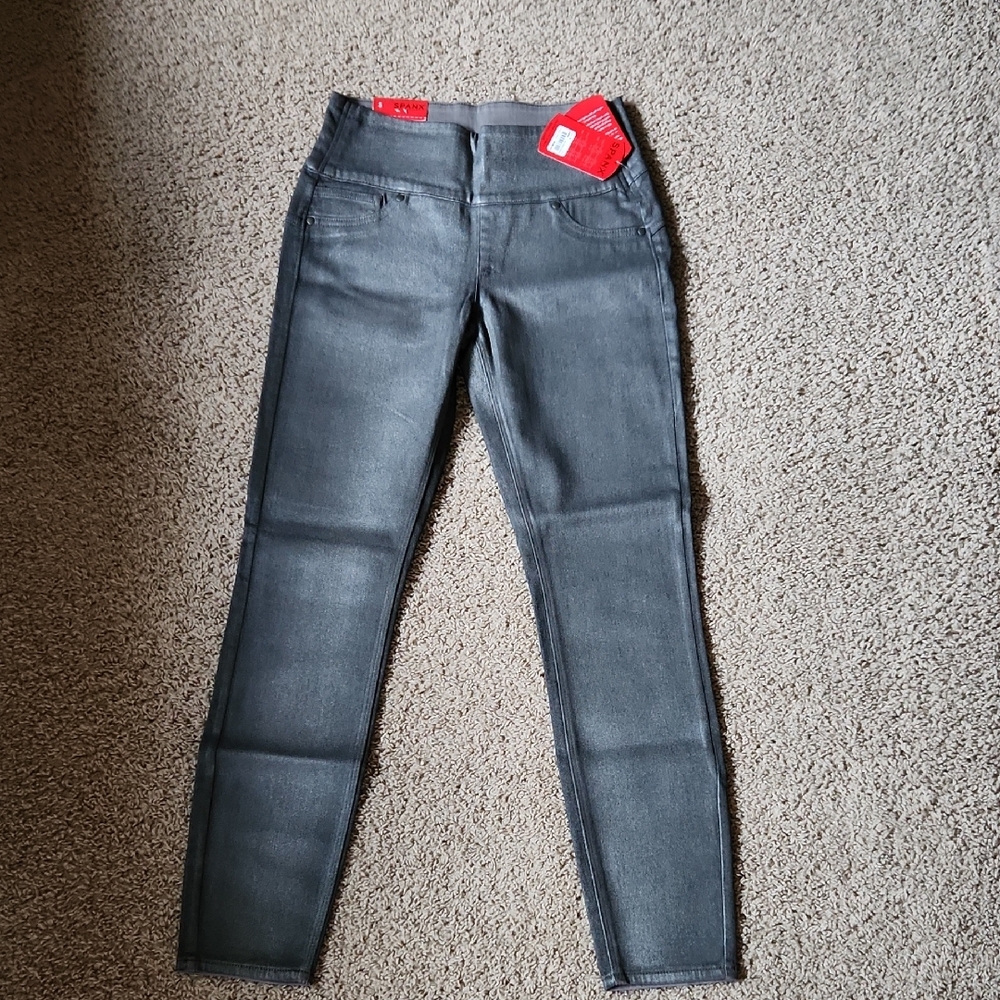 SPANX Gray Skinny Jeans Sleek Modern Fit. Wax Denim Leggings. Pewter Color.